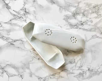 Very nice old French comb or toothbrush holder in white ironstone