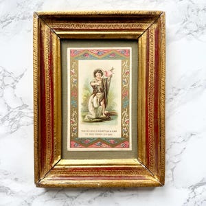 Vintage französische religiöse Illustration in einem Florentiner Holz- und Goldrahmen gerahmt