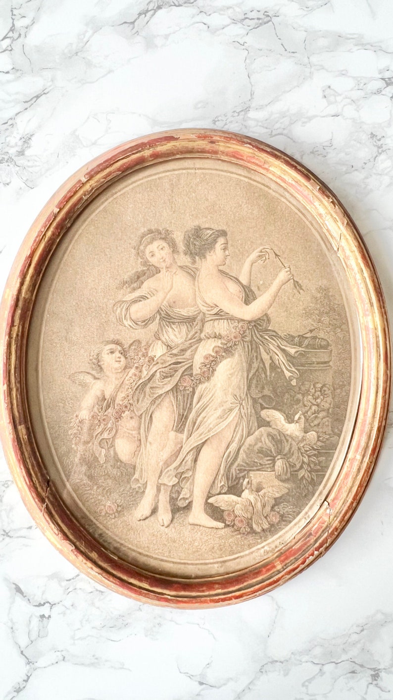 Pair of Antique Oval Prints Hand Colored in Watercolor Framed and Under