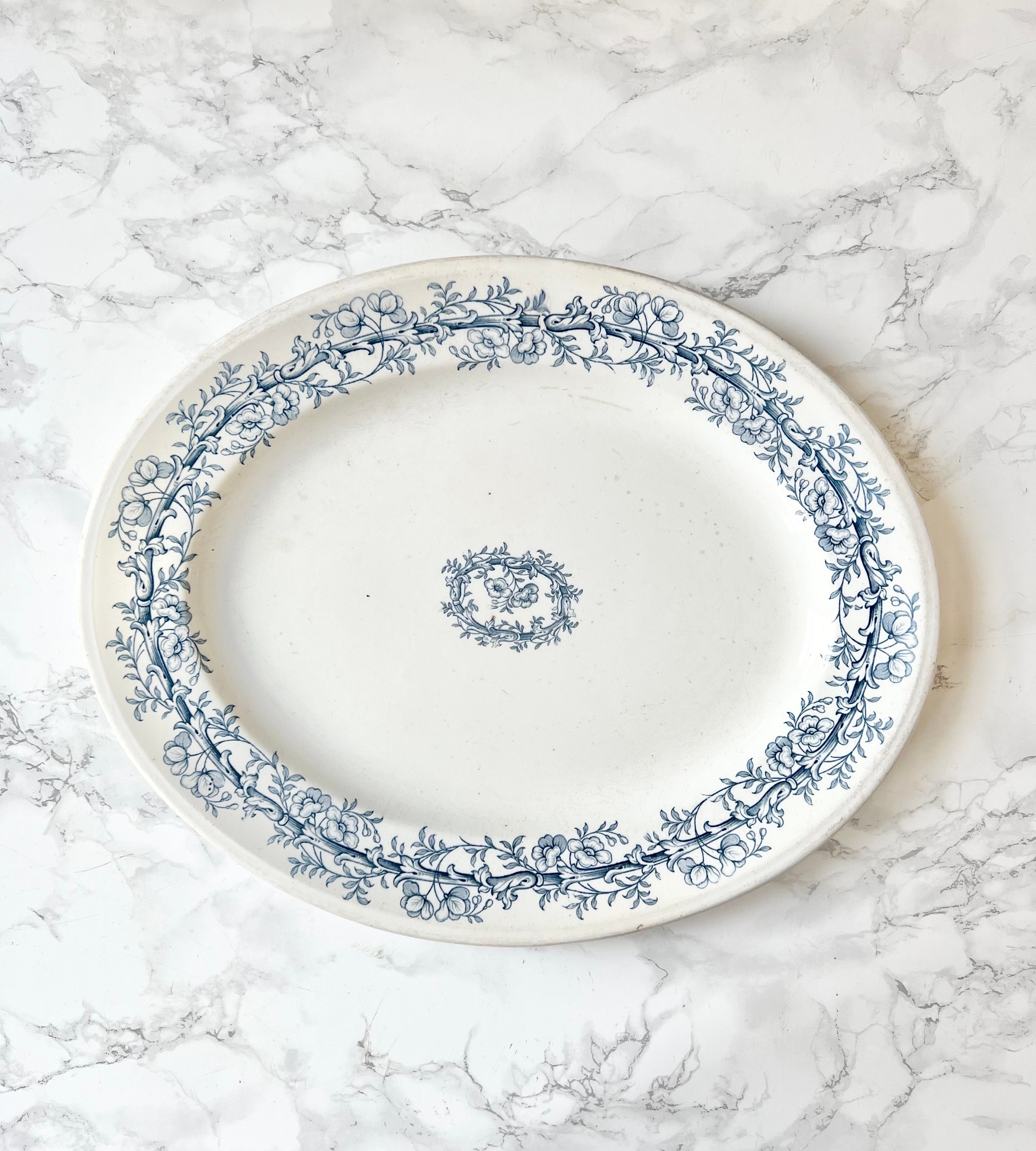 Antique meat platter bone china Cauldon England transfer ware decor blue flower serving dish Sunday roast Victorian tableware semi porcelain