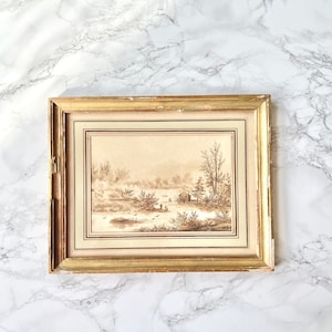 Antique French painting in sepia ink representing figures in a lake landscape - 19th century - Antiqueframe