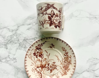 Antique french earthenware terre de fer bird brown transfer ware matching cup and saucer Mésange Lunéville victorian collectable