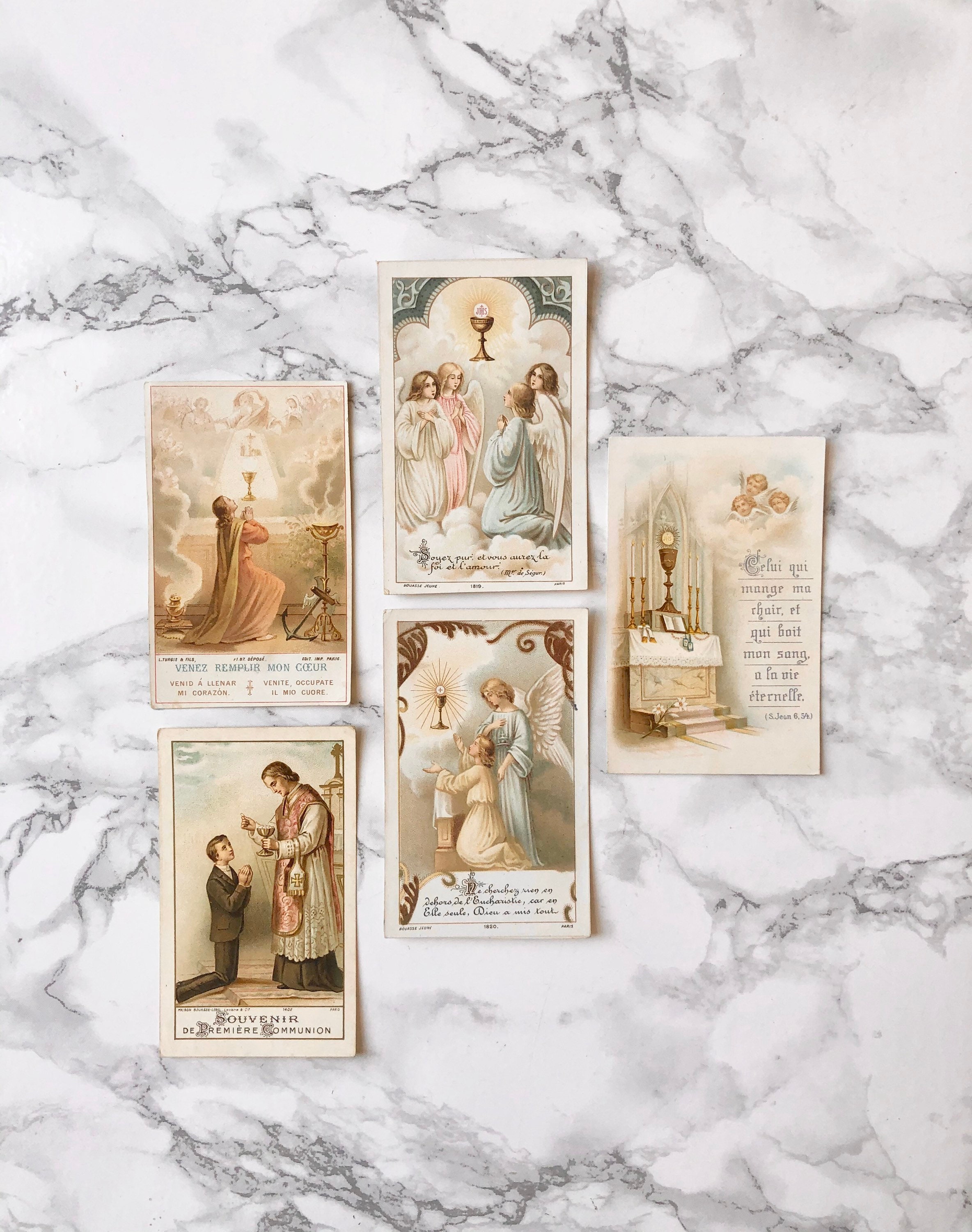 Ensemble de 5 Images Pieuses Françaises Anciennes Distribuées Lors La 1Ère Communion et Solennelle