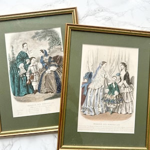 Pair of Large antique print depicting French victorian fashion in the 19th century dated glazed and framed 1800 children women outfits