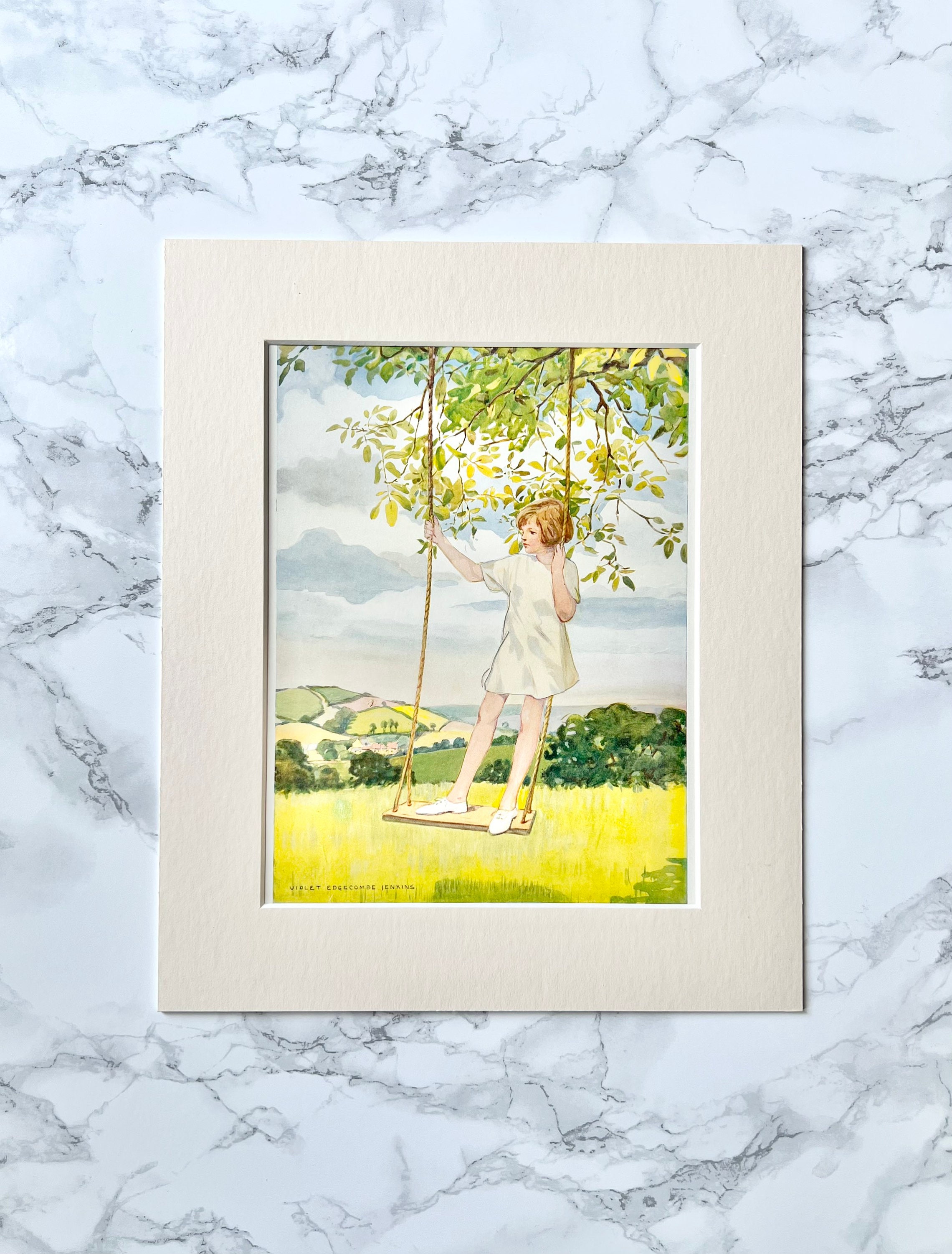 Lithographie Des Années 30 Représentant Une Fillette sur Balançoire Signée Violet Edgcombe Jenkins