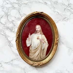 Antique French Religious large Sacred Jesus signed hand painted porcelain plaque gesso 1800 ovale frame monogram christian faith gift