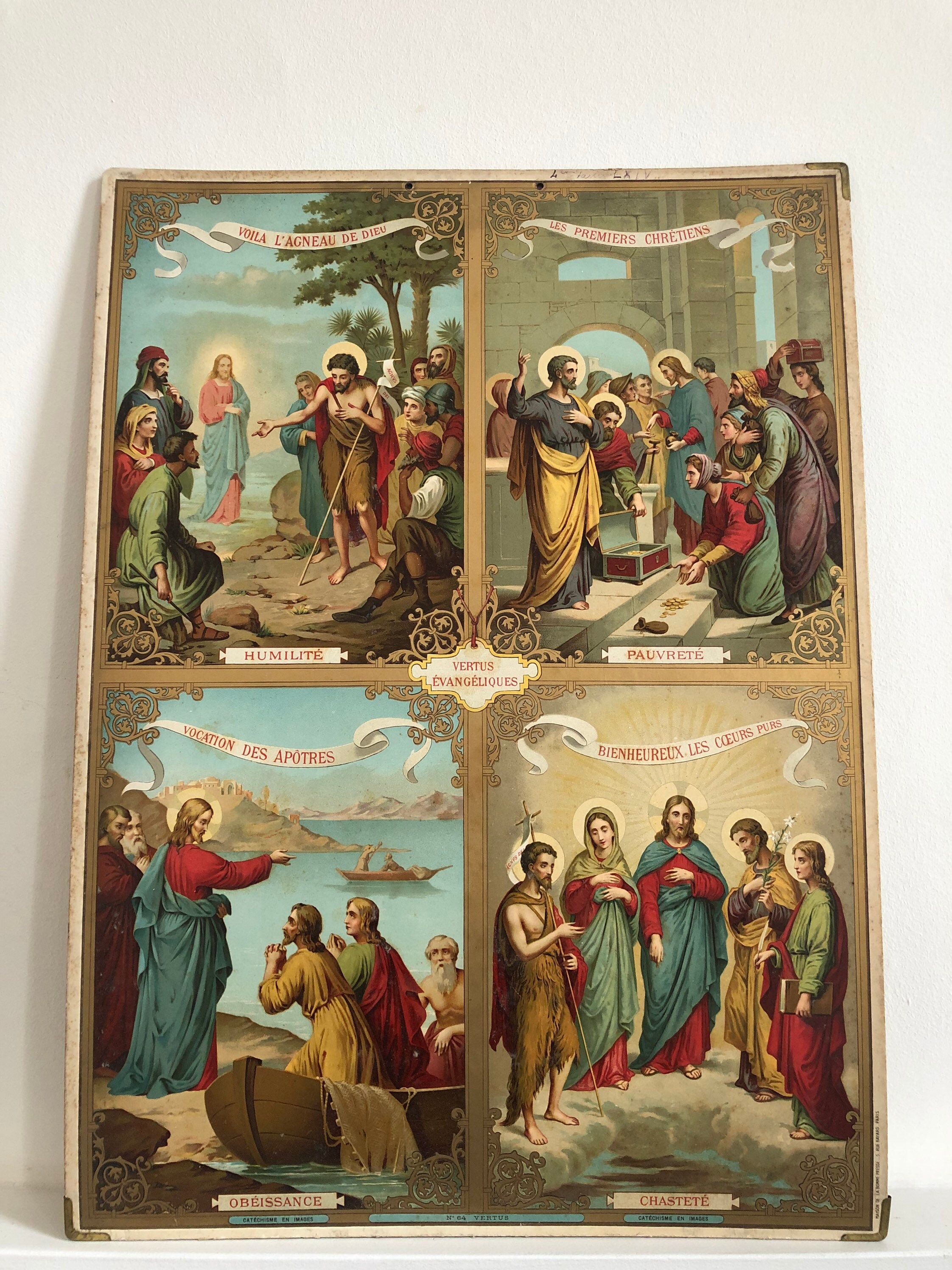 Panneau d'éducation Religieuse Ancien en Carton Décoré d'une Chromolithographie sur Le Thème Des Ver