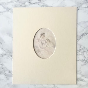 Antique watercolored pencil drawing showing a Victorian woman and her child - In an oval view mount