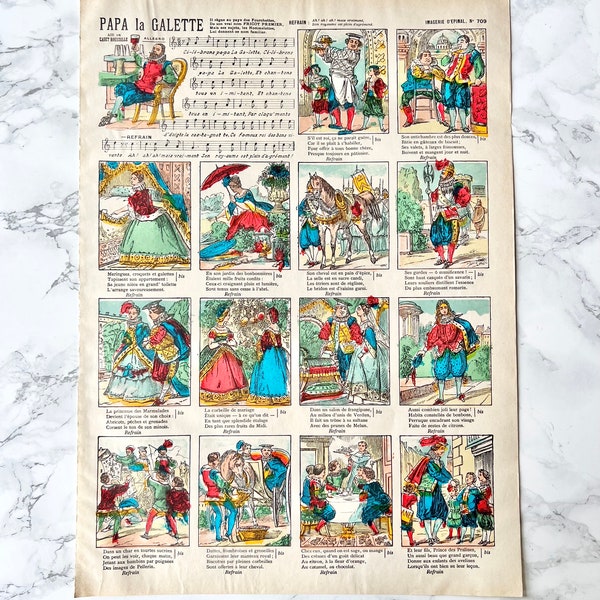 Image d'Epinal Antique 1800 victorian French print hand painted nursery rhymes fairy tales Traditional French kid room decor