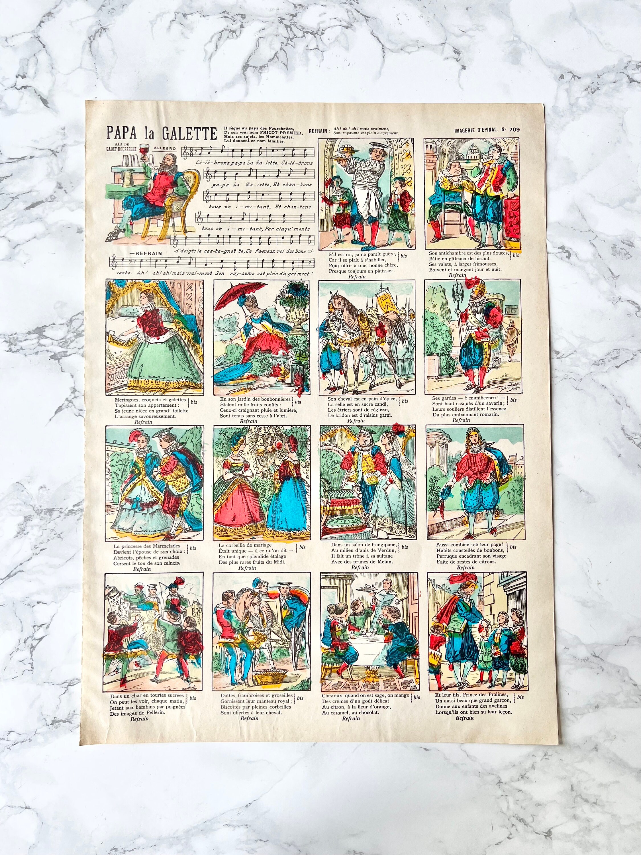 Image d'Epinal Antique 1800 victorian French print hand painted nursery rhymes fairy tales Traditional French kid room decor