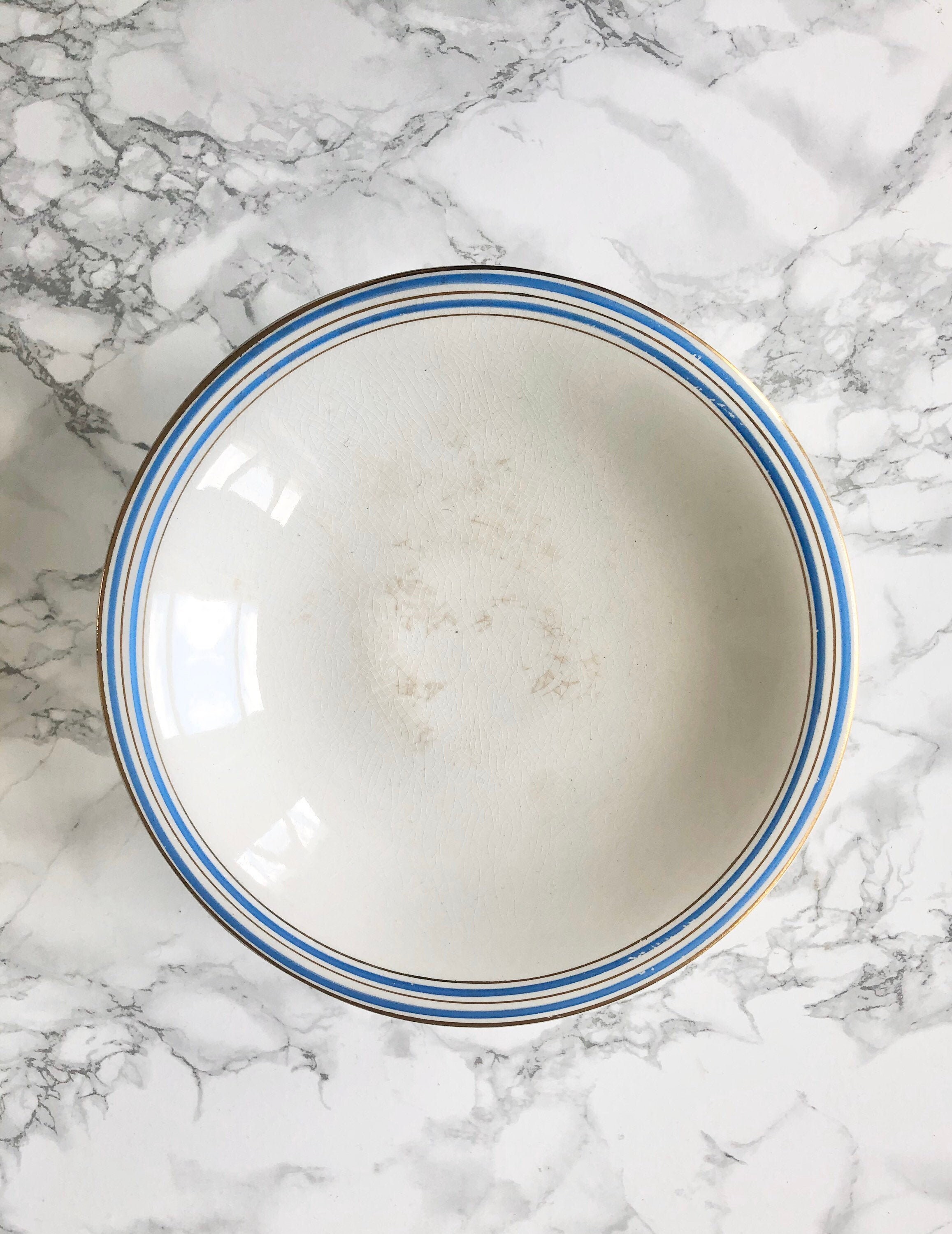 Manufacture Française d'onnaing - Grand Compotier sur Pied en Faïence Blanche, Bleue et Dorée