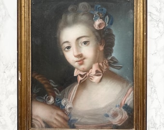Antyczny portret damy z końca lat 170., pastelowy, francuski artysta, oprawiony i szkliwiony, prostokątna rama pasterska Marie Antoinette Pompadour, gesso