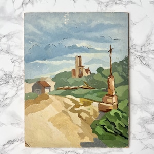 Pintura francesa antigua sobre cartón grueso que representa un paisaje de Bretaña