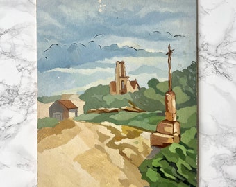 Antique French Art Deco gouache painting on cardboard representing a typical Brittany landscape with church and calvary
