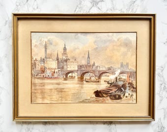 Antyczna, oryginalna akwarela, brytyjski obraz oprawiony w ramę z monogramem, architektura Londynu, most, oszklony, nastrojowy, prostokątny, do powieszenia na ścianie
