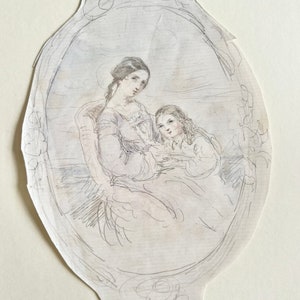 May include: A pencil sketch depicting a woman and child within an oval frame. The woman, with her hair tied back, gazes downwards at the child. The child is also looking down. The frame features decorative flourishes.