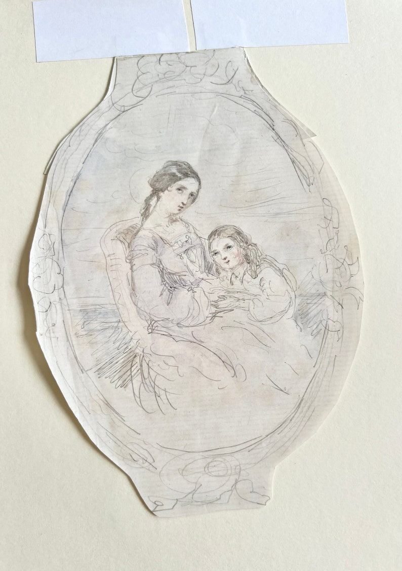 May include: A pencil sketch depicting a woman and child within an oval frame. The woman, with her hair tied back, gazes downwards at the child. The child is also looking down. The frame features decorative flourishes.