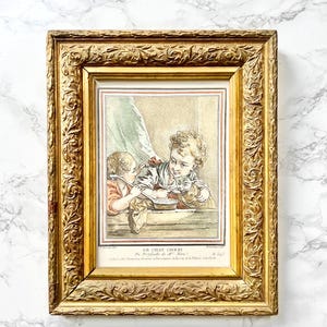 Antica acquaforte francese "Le Chat Chéri" secondo François Boucher Demarteau Incisione a matita colorata a mano con cornice in un castello in stile parigino