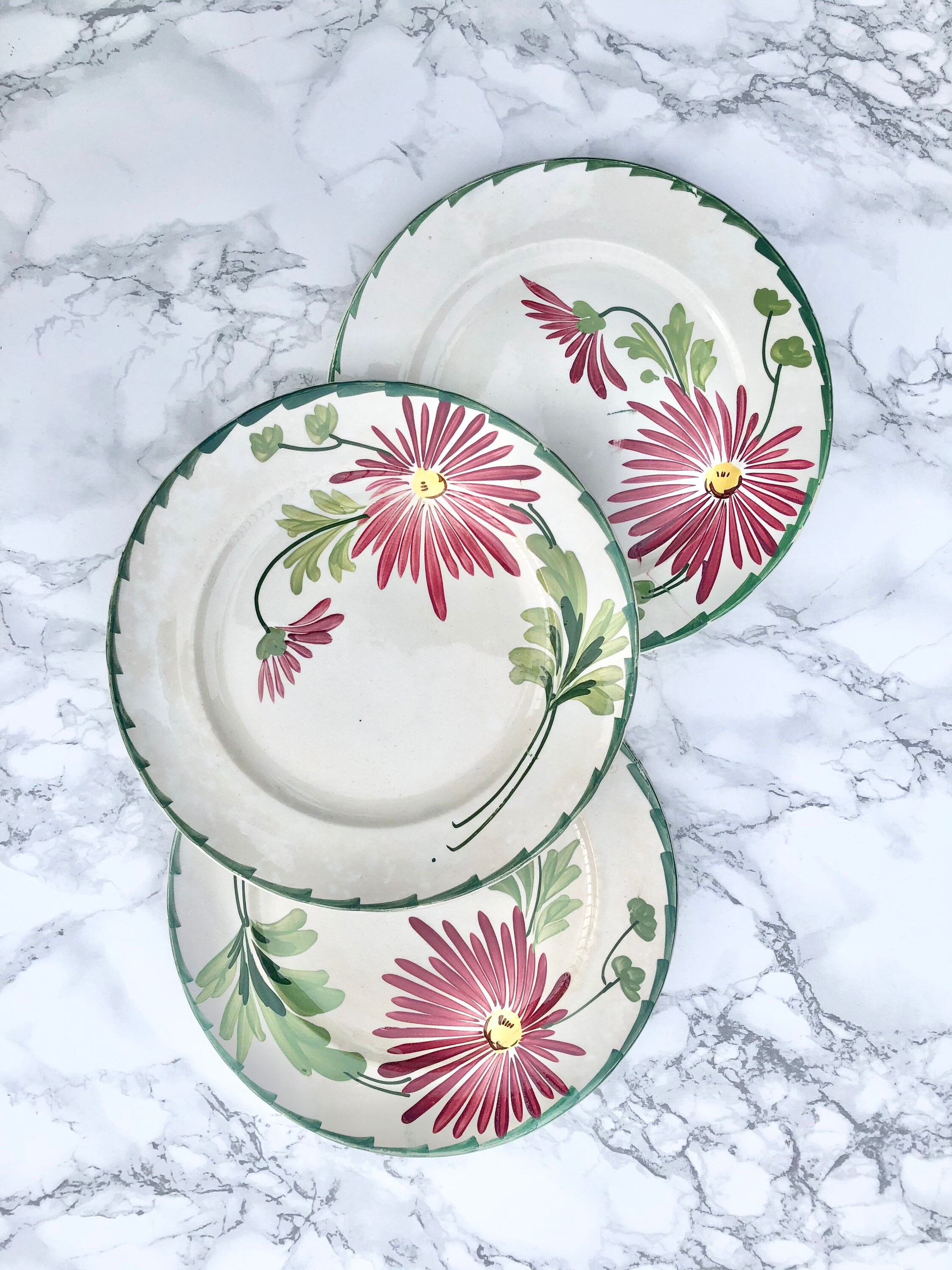 Saint Amand et Hamage France - 3 Assiettes en Faïence Ancienne à Décor de Larges Fleurs Roses Vertes