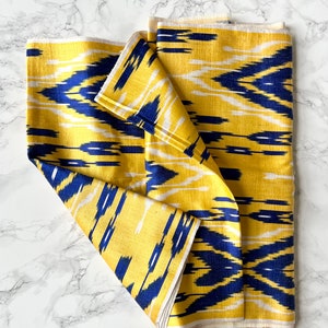 Large remnant of Handcrafted Ikat Pattern Silk - Blue, Yellow and White