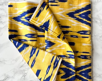Large remnant of Handcrafted Ikat Pattern Silk - Blue, Yellow and White