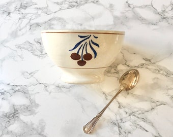 Lovely antique earthenware cereal bowl with hand painted decoration of cherries in foliage