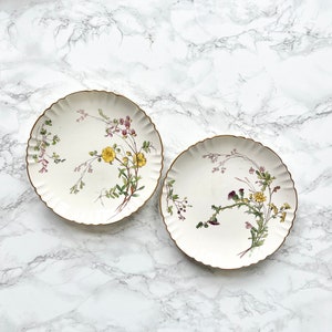 Set of 2 antique Minton plates hand painted scalloped edge bird vegetal flower porcelain bone china wall decorative plate cabinet victorian