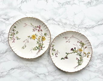 Set of 2 antique Minton plates hand painted scalloped edge bird vegetal flower porcelain bone china wall decorative plate cabinet victorian