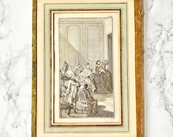 Antique 1700 French wall decor black etching elegant ladies boudoir Parisian salon 18th fashion outfit Pompadour romantic chateau France