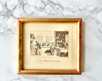Antique French framed print hand colored etching Les Marchandes de Mode Parisian antique fashion outfit 1700 Paris wall hanging decoration