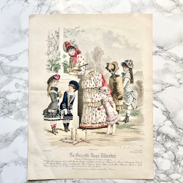 La Gazette Rose Illustrée - Large antique watercolored print depicting fashion for children and young girls in the 19th century