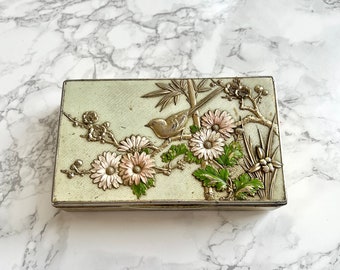Pretty old Japanese box with enamel decoration of birds and flowers