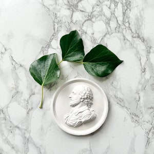 May include: White plaster bust of a man with a beard and long hair, set against a white marble background with two green leaves.