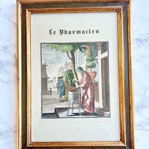 Antique French victorian black etching pharmacist hand coloured - Gold frame