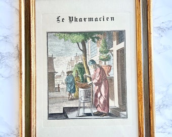 Antique French victorian black etching pharmacist hand coloured - Gold frame