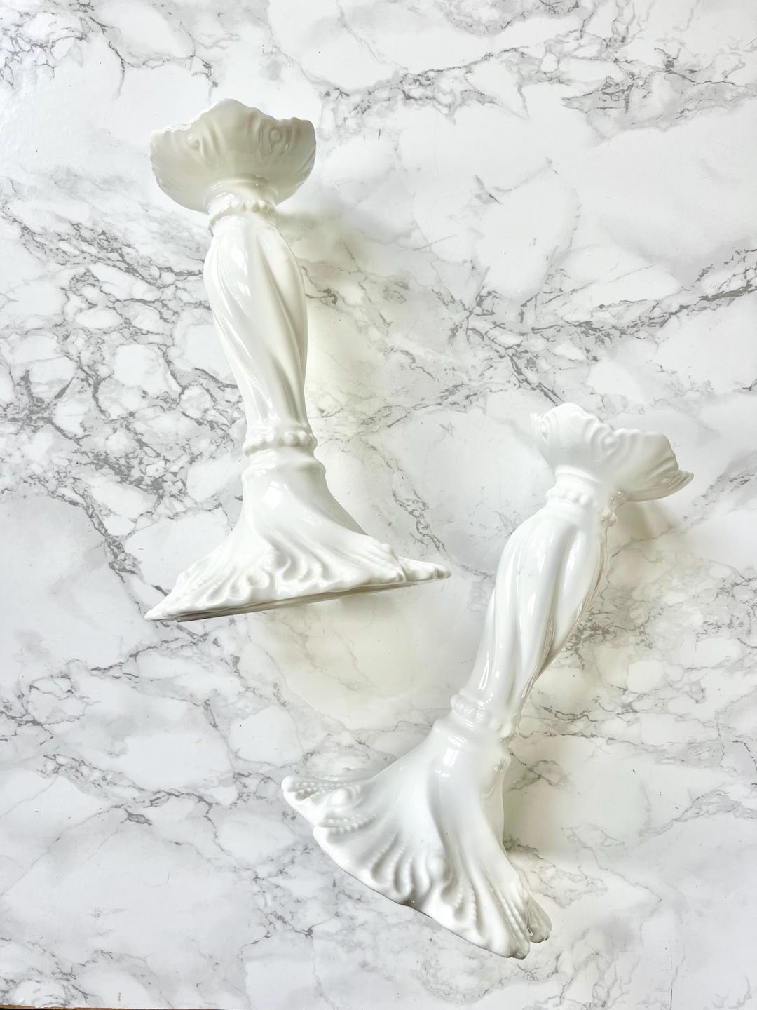 Limoges Antique White Porcelain Tall Pair Candlestick Holder Sea Decor ...
