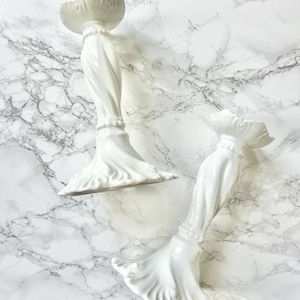 Limoges antique white porcelain tall pair candlestick holder sea decor rococo rocaille French chateau embossed shell signed 1800