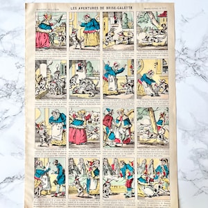 May include: A vintage illustrated comic book page featuring a story about a character named "Brise-Galette". The page is divided into 12 panels, each depicting a scene from the story. The illustrations are in a colorful, cartoon style and feature a variety of characters, including a woman in a red dress, a man in a blue coat, and a dog.