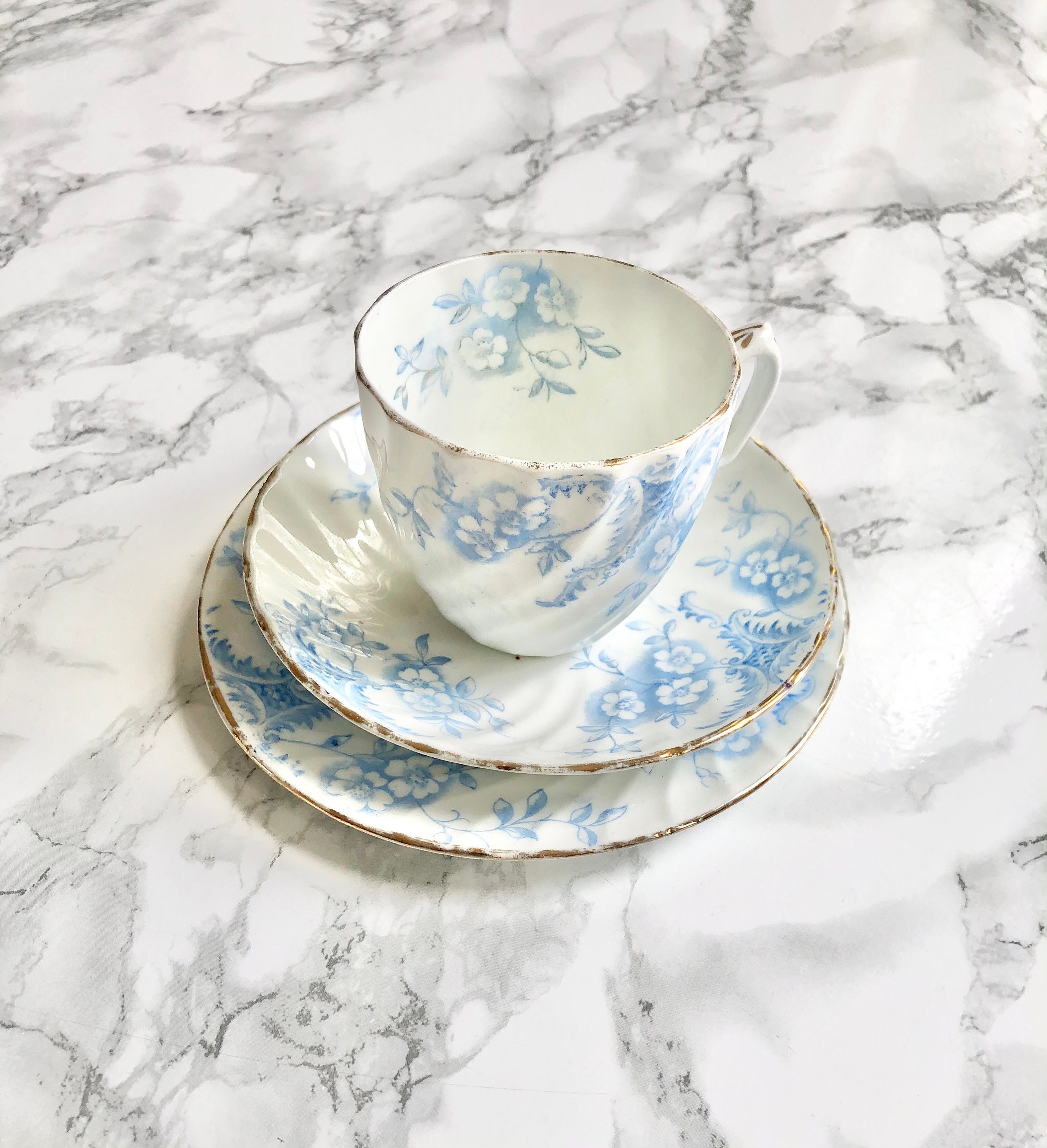 Tasse, Sous Tasse et Assiette à Gâteau Anciennes en Porcelaine Blanche Peinte de Fleurs Bleues