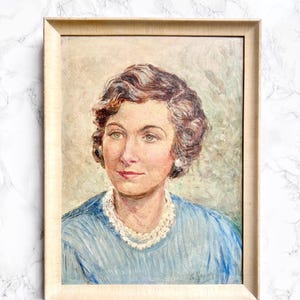 Antique original Art Deco portrait painting of a young lady wearing pearls oil on panel framed original French wallhanging signed