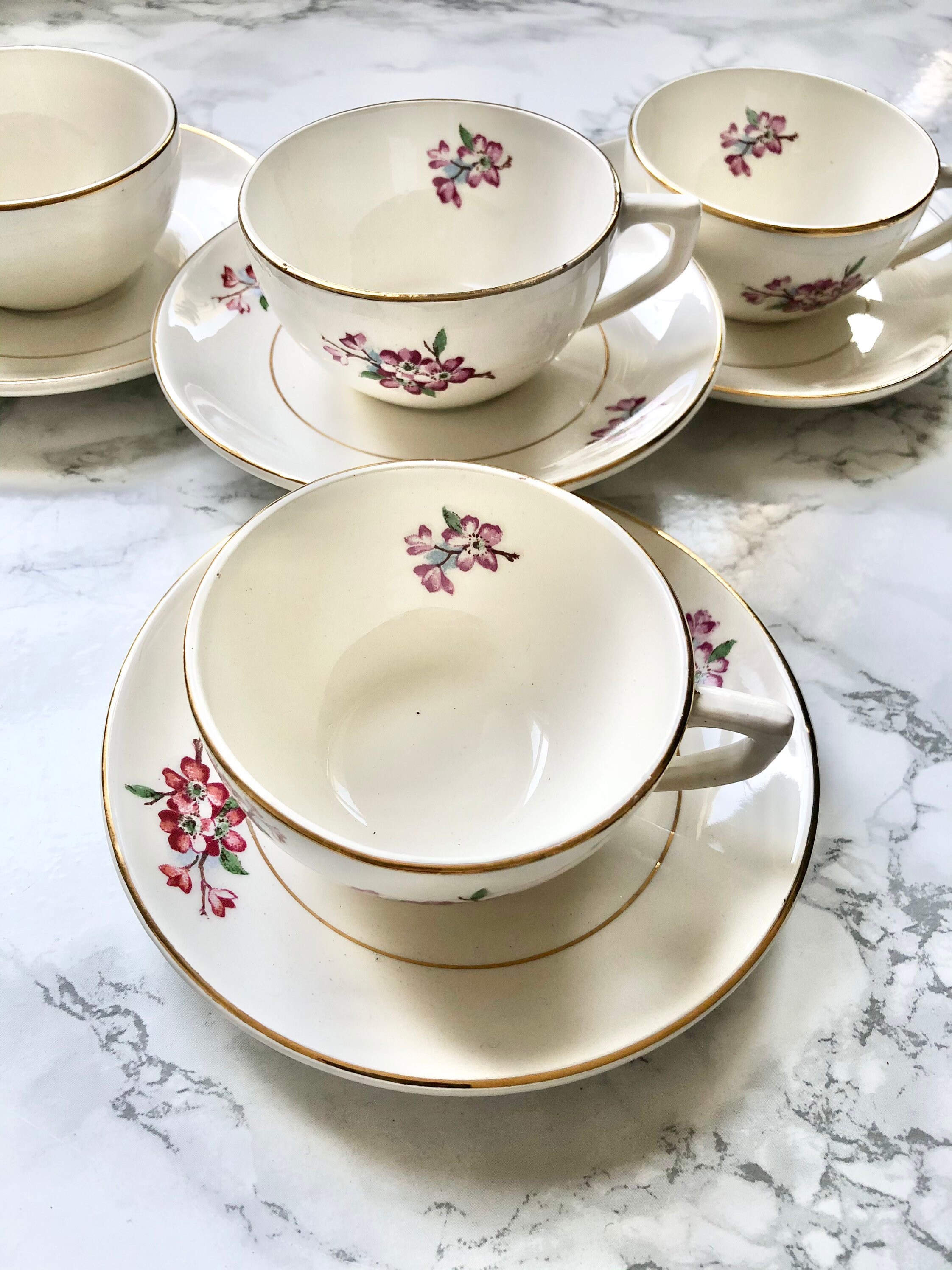 Digoin et Sarreguemines - France 4 Tasses Rondes Leur Soucoupe à Décor de Branches Cerisiers en Fleu