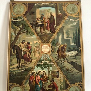 Antiguo panel de educación religiosa de cartón decorado con una cromolitografía sobre el tema Principales obras corporales de Misericordia