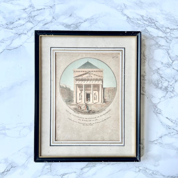 Antique French 1830 etching Regency Paris monument etching golden frame french chateau wall hanging decor romantic architecture