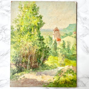 Pintura al óleo de paisaje francés antiguo sobre cartón arte francés original vintage firmado Francia paisaje rural iglesia del pueblo