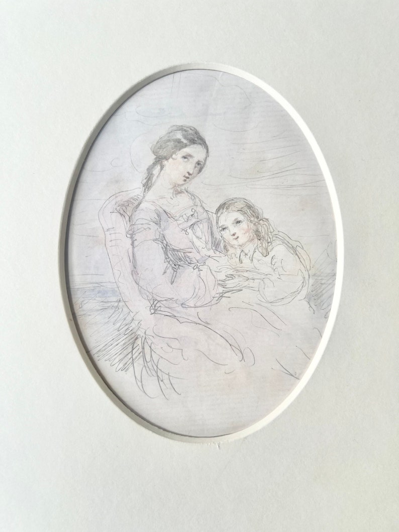 May include: A framed oval pencil sketch depicting two figures, possibly a mother and child. The figures are seated, with the woman on the left and the child on the right. The artwork is in grayscale, with fine lines and shading.