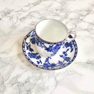 Adderley - Antique white porcelain cup and saucer printed in blue with plants