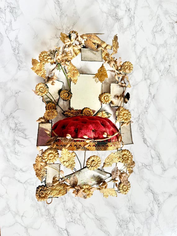 Antique large 1800 French wedding globe ornament gilded toleware bird foliage hand painted mirror romantic victorian boudoir red velvet