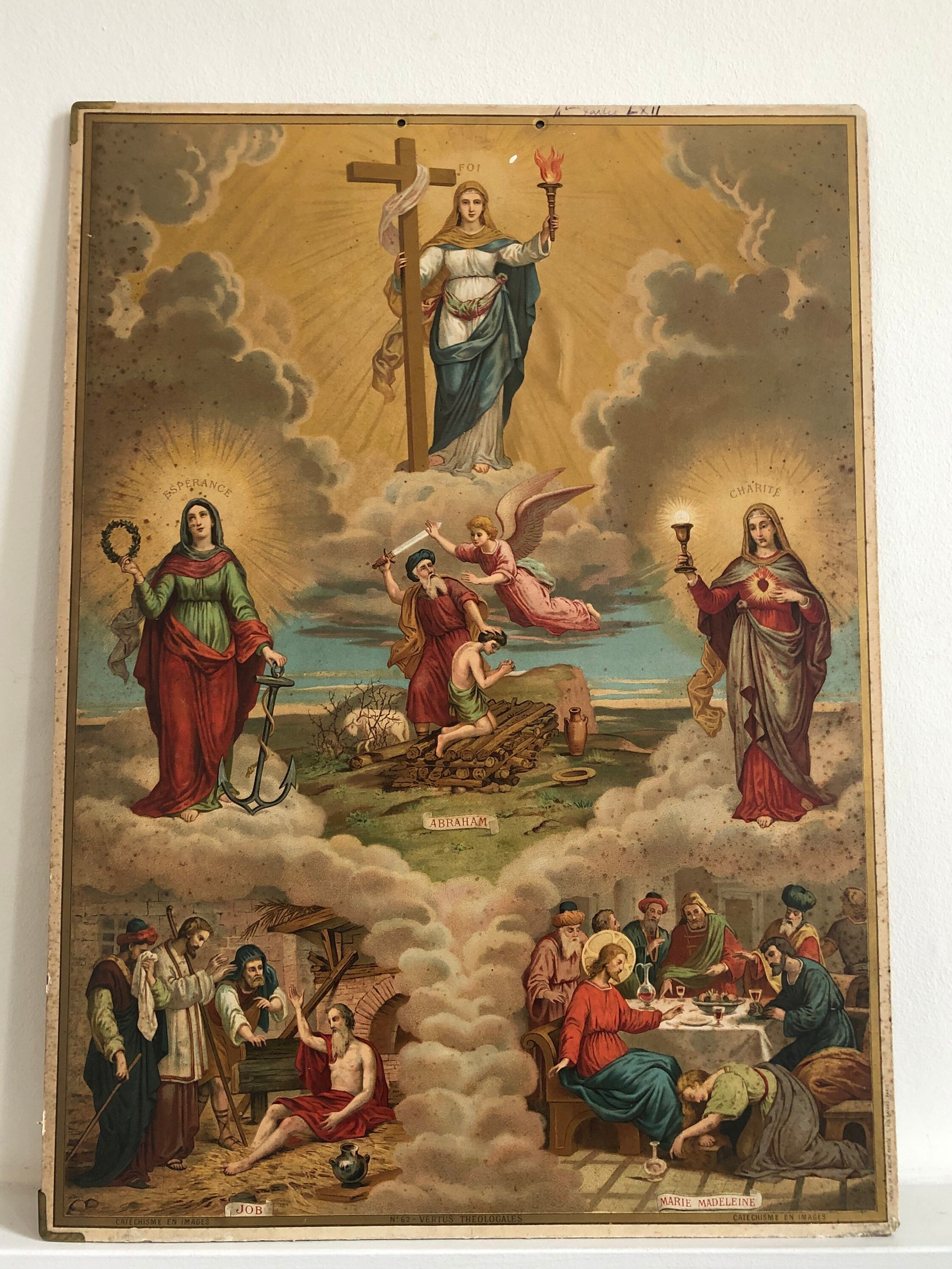 Panneau d'éducation Religieuse Ancien en Carton Décoré d'une Chromolithographie sur Le Thème Des Ver