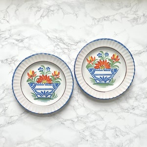 Pair of antique French glazed pottery hand decorated with flower basket traditional french wall decor collector plate