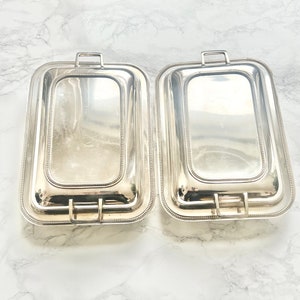 Pair of lidded vintage rectangular tureen in silver metal with pearl decor